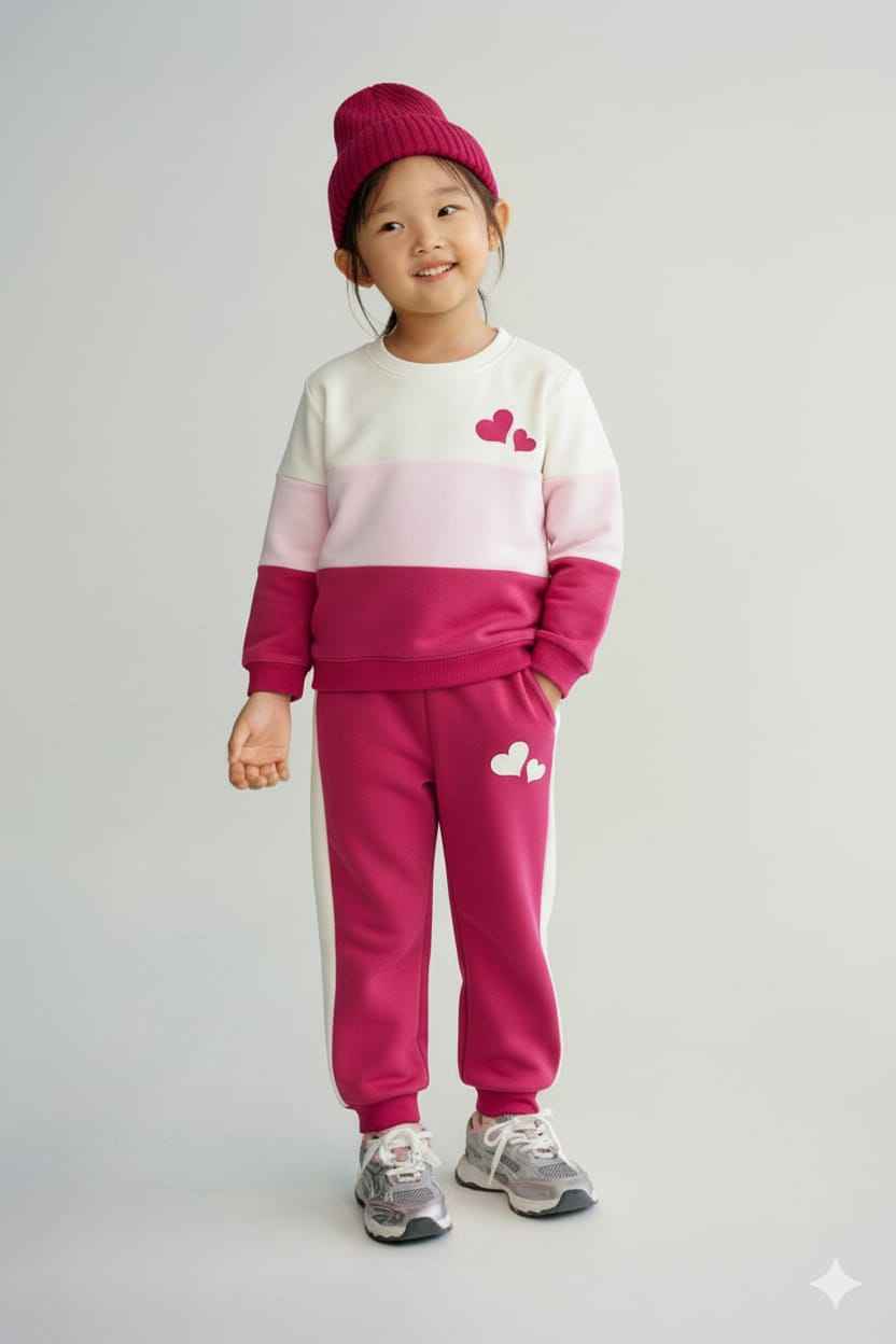 Girls Pink Panel Tracksuits | Heart Print Cotton Fleece