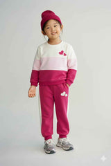 Girls Pink Panel Tracksuits | Heart Print Cotton Fleece