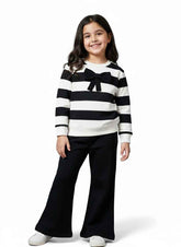 Girls Black & White Bow Tracksuit | Striped Jumper & Flared Trouser