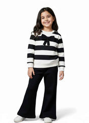 Girls Black & White Bow Tracksuit | Striped Jumper & Flared Trouser