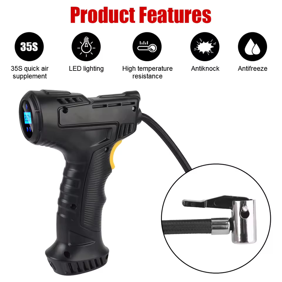 Tyre Inflator,Portable Air Compressor,Digital Pressure Gauge LED Light for Car Tires,Bicycle, Bike,Motorcycle,Balls (USB Charging)