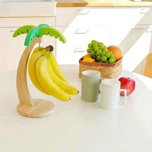 Wooden Banana Tree Rack with Hooks & Fruit Shelf