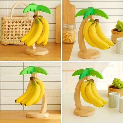 Wooden Banana Tree Rack with Hooks & Fruit Shelf