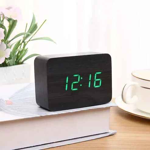 LED Wooden Digital Clock with Voice Control Display – Modern Home & Office Decor