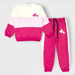 Girls Pink Panel Tracksuits | Heart Print Cotton Fleece
