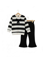 Girls Black & White Bow Tracksuit | Striped Jumper & Flared Trouser