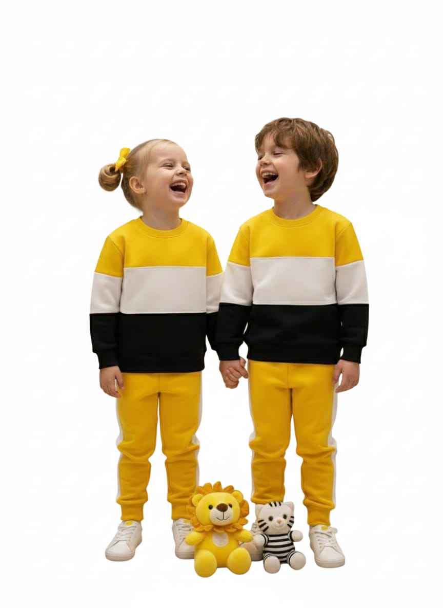 Yellow & Black Panel Tracksuit for Kids | Cotton Fleece Outfit