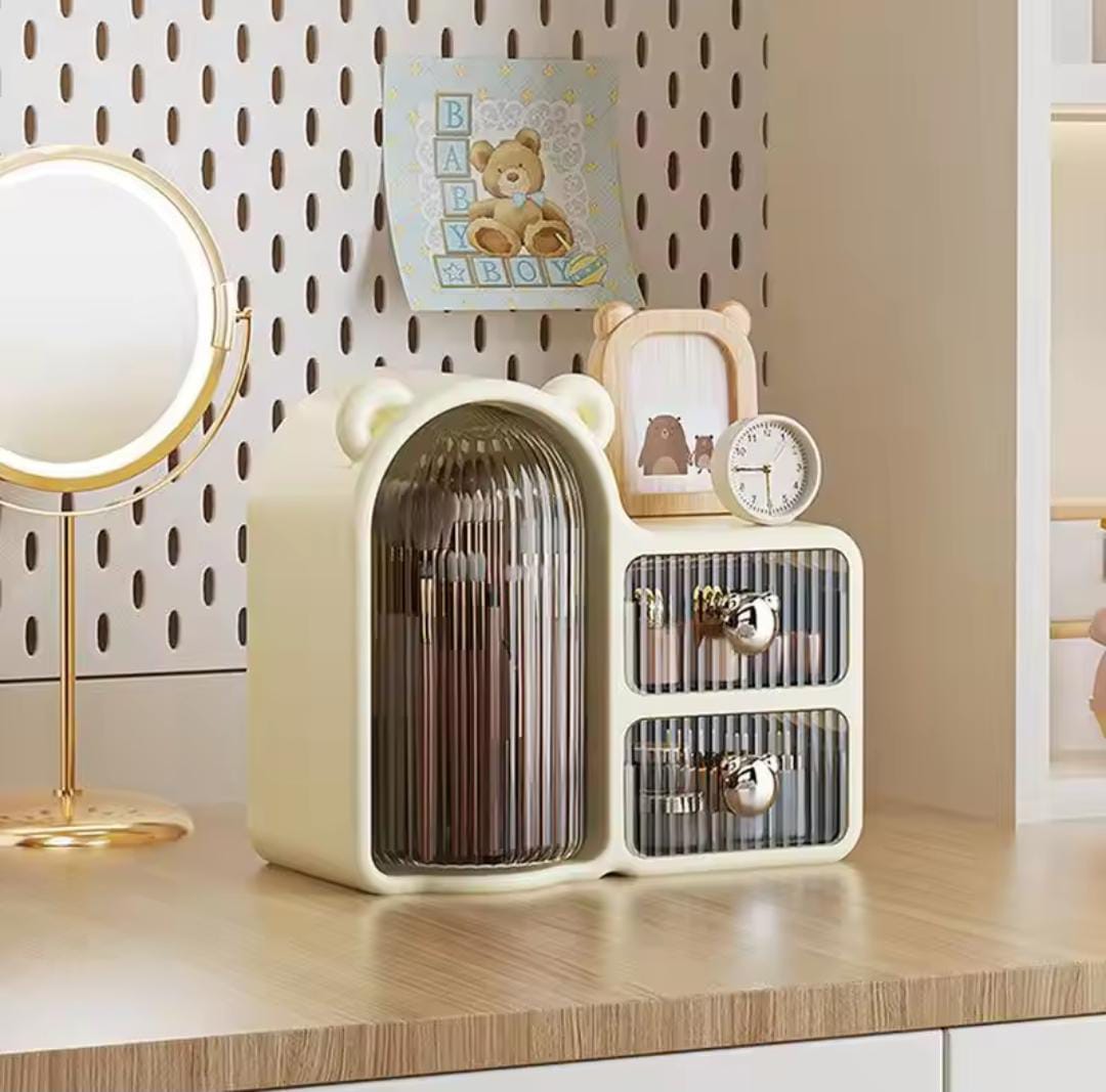 Bear Cosmetic Organizer – Cute Plastic Storage Box with Drawers